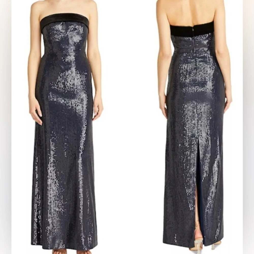 Monique Lhuillier Strapless Navy Sequin Evening Gown with Velvet Trim